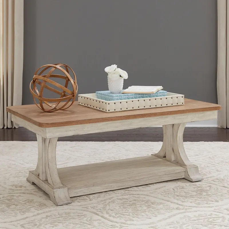 Tavolino Rettangolare da Caffè Sbiancato con Top Castagno - Collezione Farmhouse Reimagined