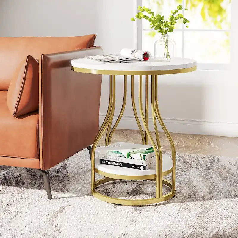 Tavolino rotondo bianco oro, tavolino a 2 ripiani, comodino moderno, tavolino piccolo con spazio contenitore per soggiorno