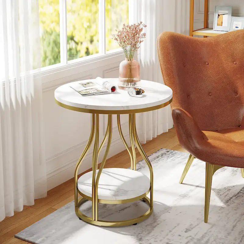 Tavolino rotondo bianco oro, tavolino a 2 ripiani, comodino moderno, tavolino piccolo con spazio contenitore per soggiorno