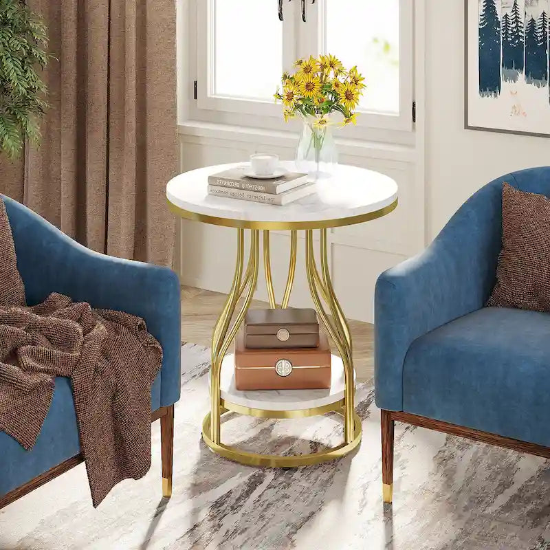 Tavolino rotondo bianco oro, tavolino a 2 ripiani, comodino moderno, tavolino piccolo con spazio contenitore per soggiorno