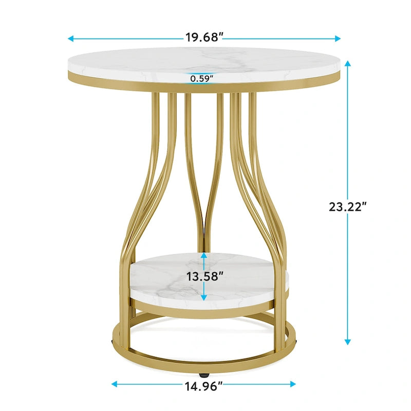Tavolino rotondo bianco oro, tavolino a 2 ripiani, comodino moderno, tavolino piccolo con spazio contenitore per soggiorno