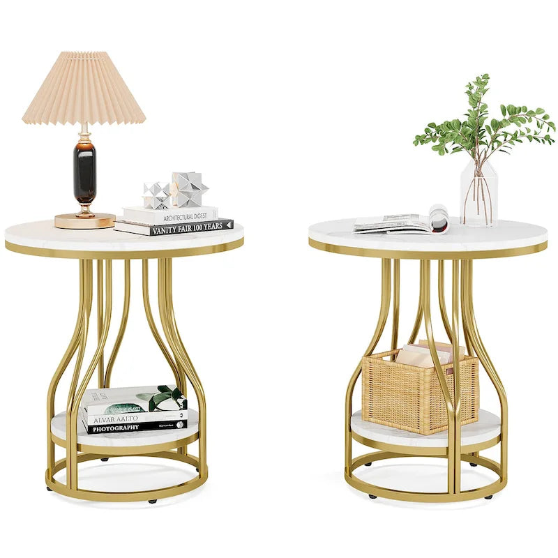 Tavolino rotondo bianco oro, tavolino a 2 ripiani, comodino moderno, tavolino piccolo con spazio contenitore per soggiorno