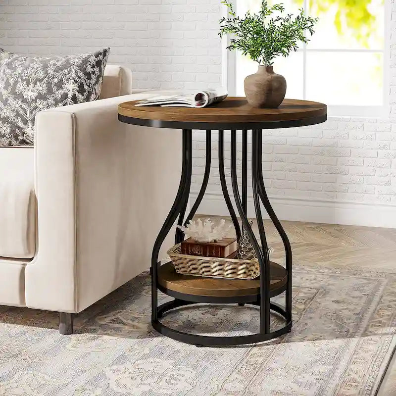 Tavolino rotondo bianco oro, tavolino a 2 ripiani, comodino moderno, tavolino piccolo con spazio contenitore per soggiorno