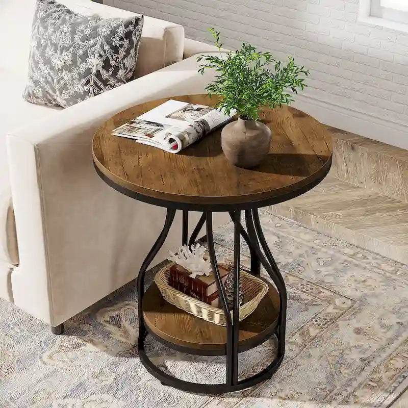 Tavolino rotondo bianco oro, tavolino a 2 ripiani, comodino moderno, tavolino piccolo con spazio contenitore per soggiorno