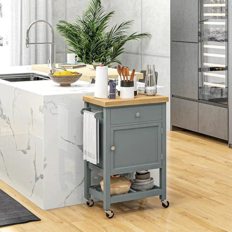 Carrello da Cucina HOMCOM, Isola Carrello con Piano in Legno di Gomma Liscio, Blocco di Macellaio Stretto su Ruote