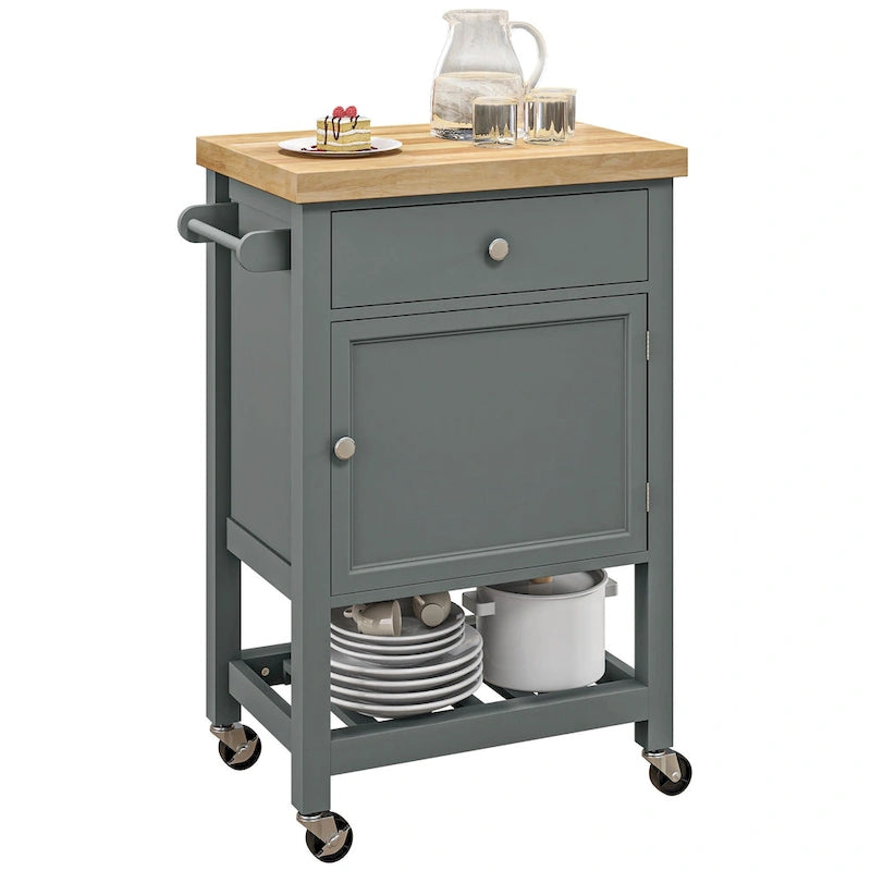 Carrello da Cucina HOMCOM, Isola Carrello con Piano in Legno di Gomma Liscio, Blocco di Macellaio Stretto su Ruote