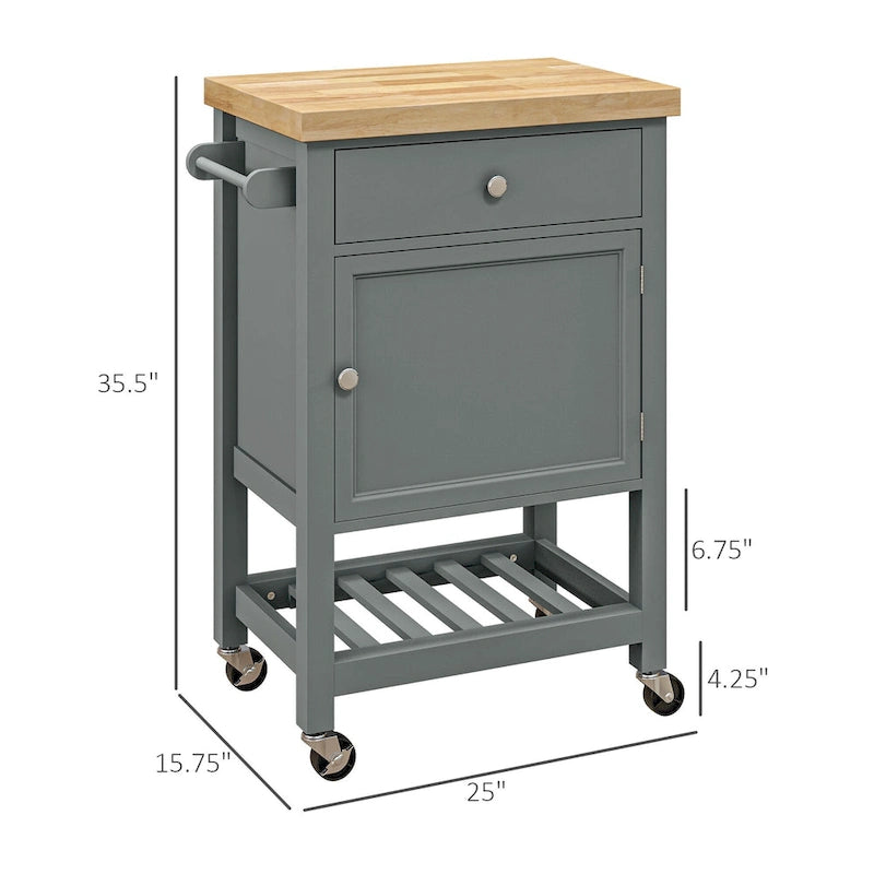 Carrello da Cucina HOMCOM, Isola Carrello con Piano in Legno di Gomma Liscio, Blocco di Macellaio Stretto su Ruote