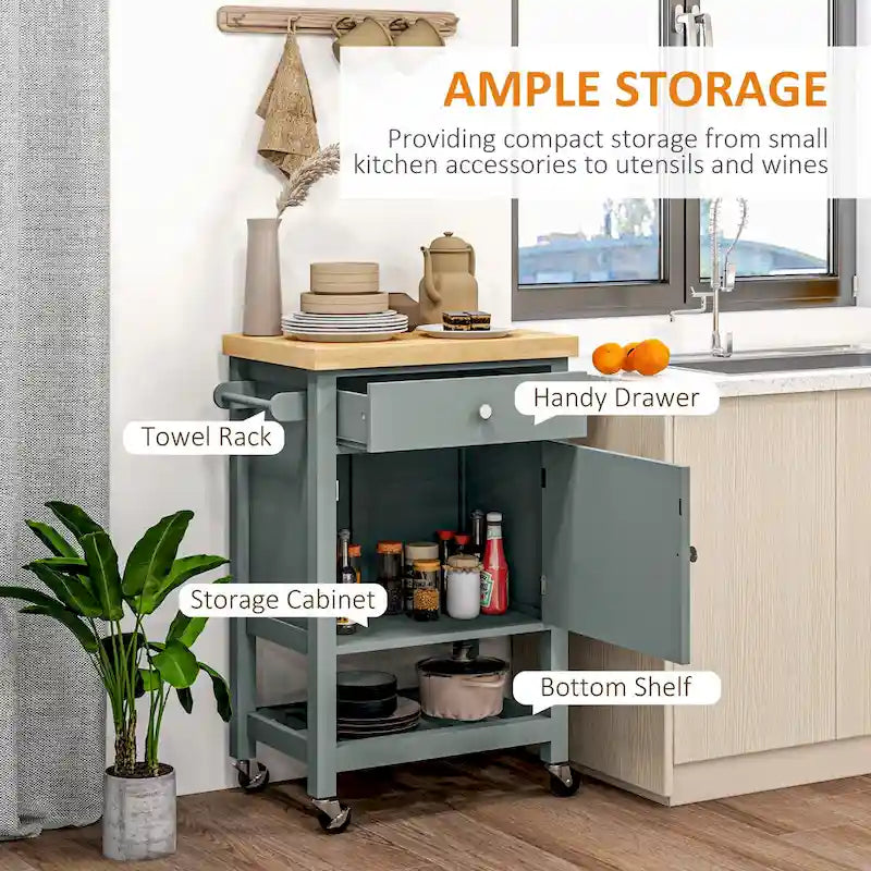 Carrello da Cucina HOMCOM, Isola Carrello con Piano in Legno di Gomma Liscio, Blocco di Macellaio Stretto su Ruote