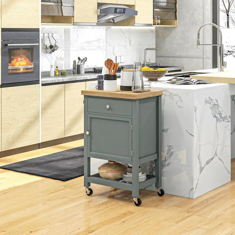 Carrello da Cucina HOMCOM, Isola Carrello con Piano in Legno di Gomma Liscio, Blocco di Macellaio Stretto su Ruote