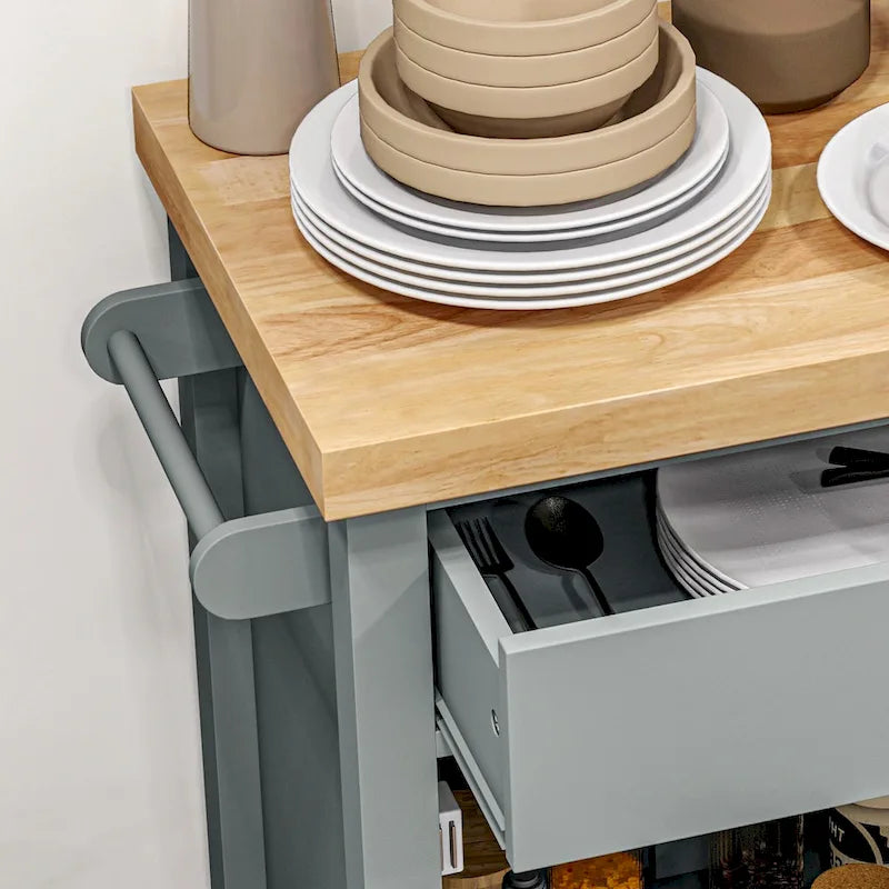 Carrello da Cucina HOMCOM, Isola Carrello con Piano in Legno di Gomma Liscio, Blocco di Macellaio Stretto su Ruote