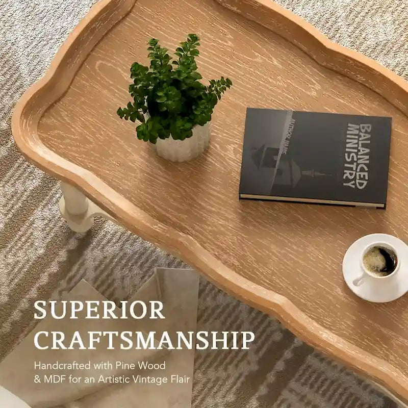 Tavolino da Caffè in Stile Fattoria Francese con Vassoio Superiore e Ripiano in Legno Naturale