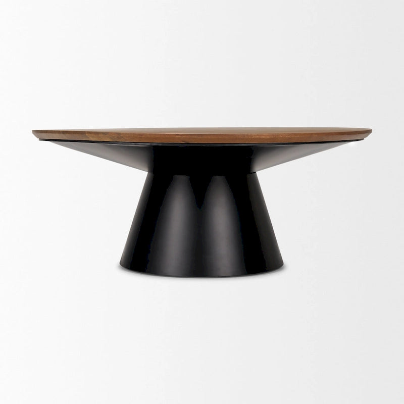 Tavolino rotondo Mitchell con piano in legno massello e base in ghisa nera