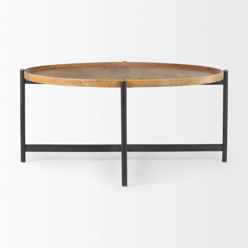 Tavolino rotondo Marquisa in legno massello marrone medio con struttura in ferro nero da 42 - 42L x 42P x 19H