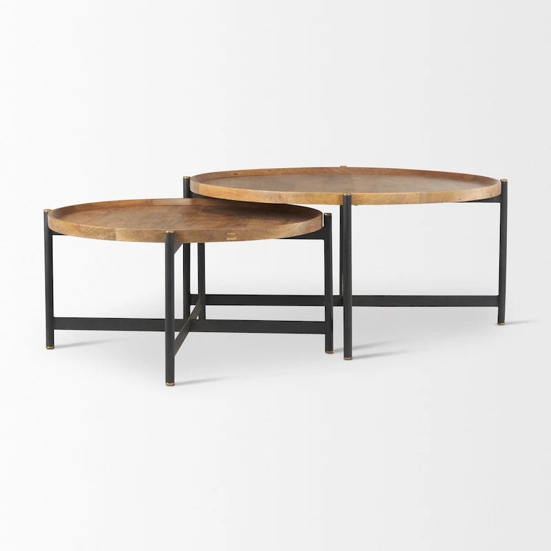 Tavolino rotondo Marquisa in legno massello marrone medio con struttura in ferro nero da 42 - 42L x 42P x 19H