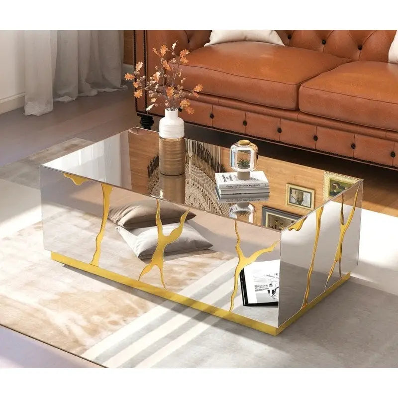 Tavolino da Caffè Rettangolare a Specchio con Design a Crepa Dorata