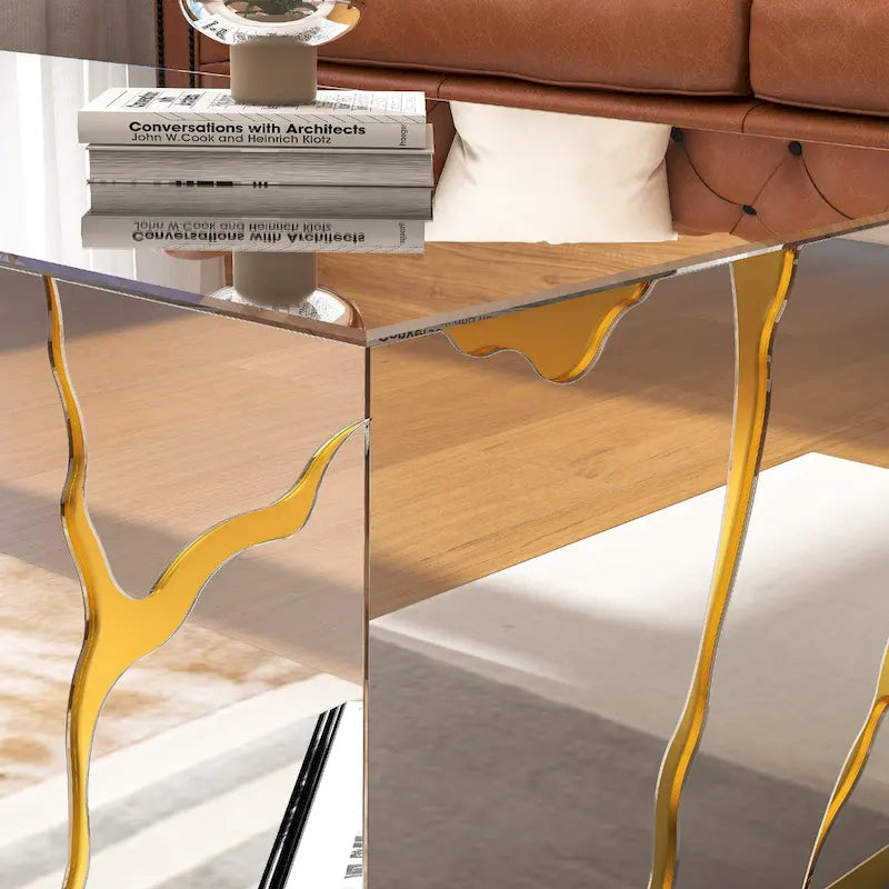Tavolino da Caffè Rettangolare a Specchio con Design a Crepa Dorata