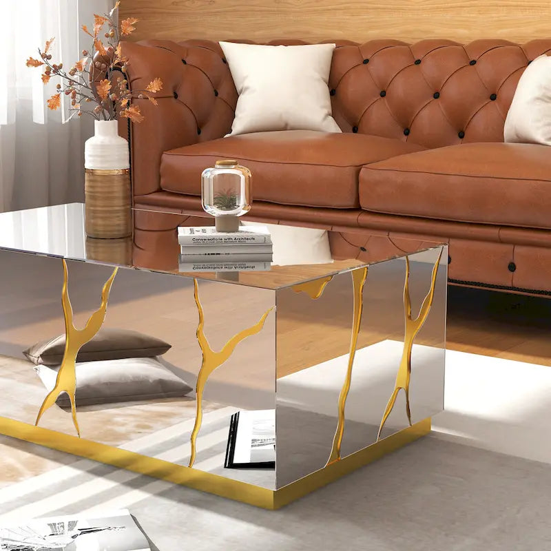 Tavolino da Caffè Rettangolare a Specchio con Design a Crepa Dorata