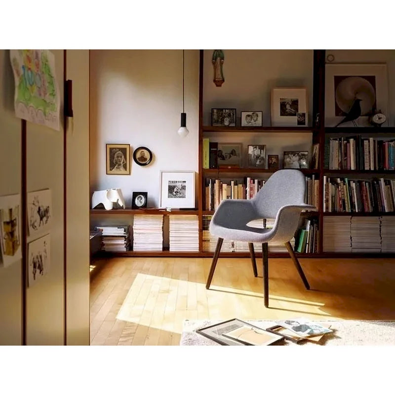 Poltroncina da pranzo imbottita moderna di metà secolo, organica, con gambe in legno di noce