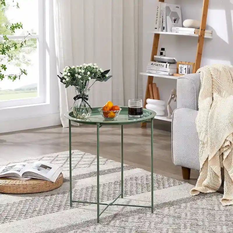 VECELO Tavolino/Tavolino d'appoggio, Pieghevole Rotondo in Metallo Antiruggine e Impermeabile per Esterni per Soggiorno Camera da Letto, Comodini