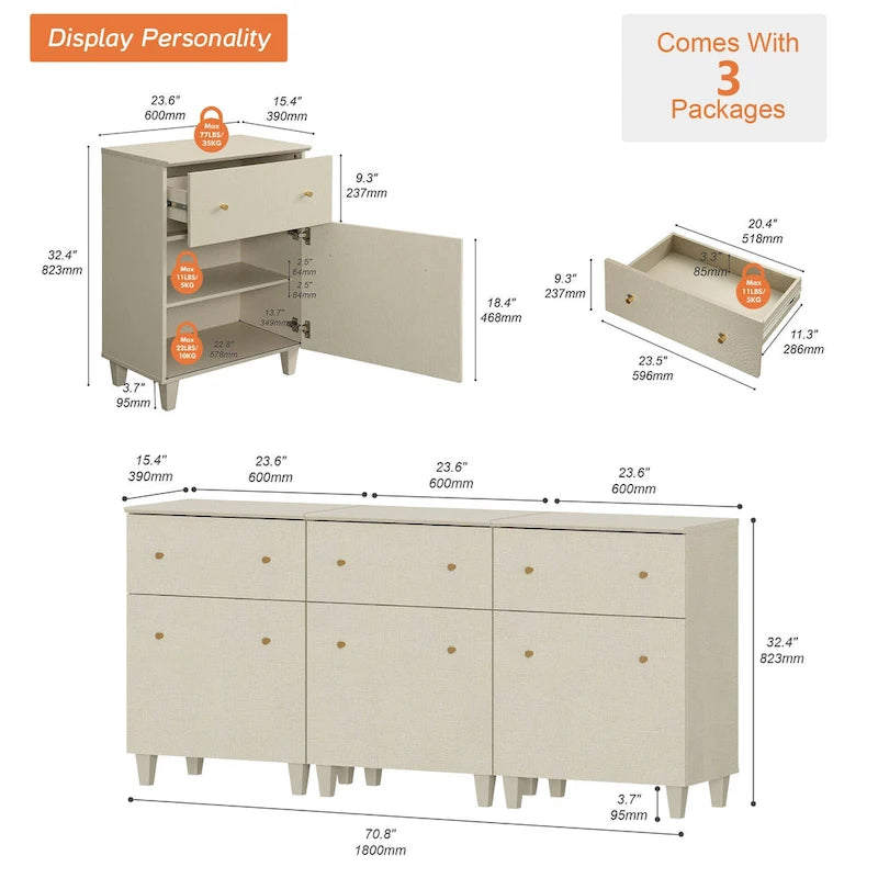 70.8 Credenza con cassetti, Tavolo da buffet da cucina 3 in 1