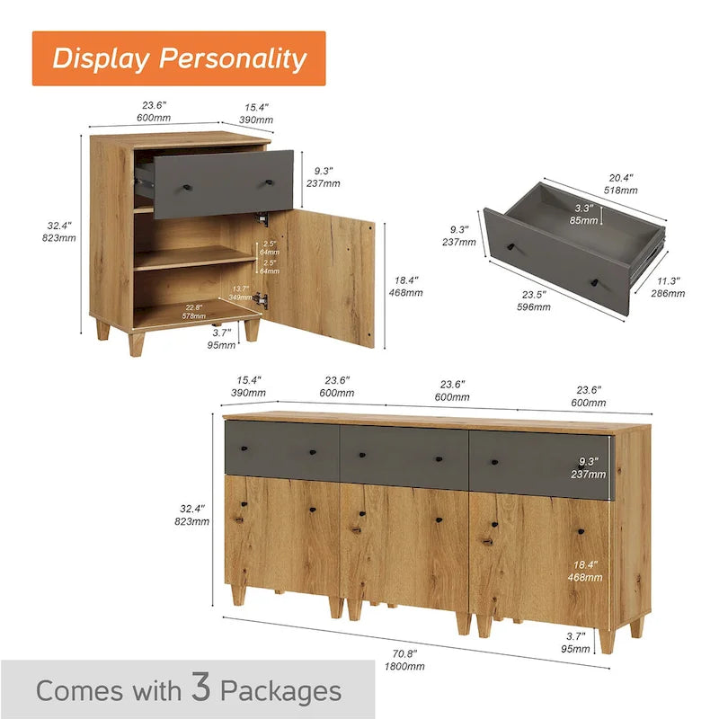 70.8 Credenza con cassetti, Tavolo da buffet da cucina 3 in 1