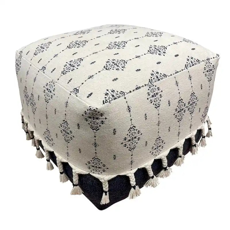 18 Pouf Quadrato Artigianale Ottomano con Motivo Ornamentale Blu Marino e Bianco