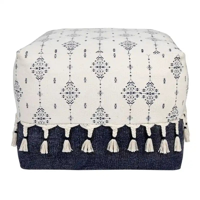 18 Pouf Quadrato Artigianale Ottomano con Motivo Ornamentale Blu Marino e Bianco