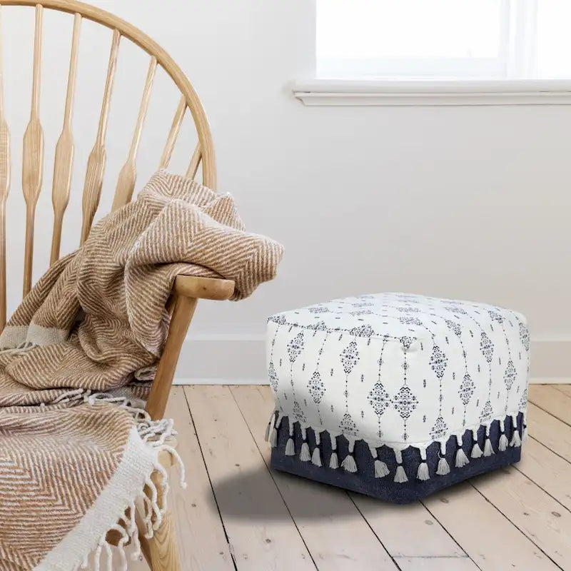 18 Pouf Quadrato Artigianale Ottomano con Motivo Ornamentale Blu Marino e Bianco