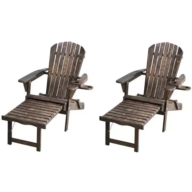 Jiallo Oceanic Collection Adirondack Chaise Lounge Chair Foldable, cup and glass holder, built in ottoman, Set of 2