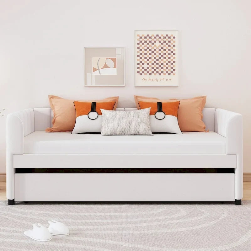 Twin Size Upholstered Daybed with Ergonomic Design Backrest and Trundle