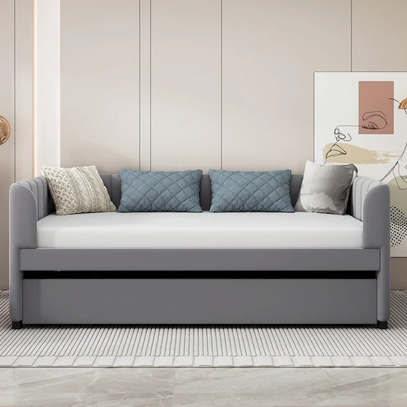 Letto Divano Imbottito per Materasso Singolo con Schienale Ergonomico e Letto Estraibile