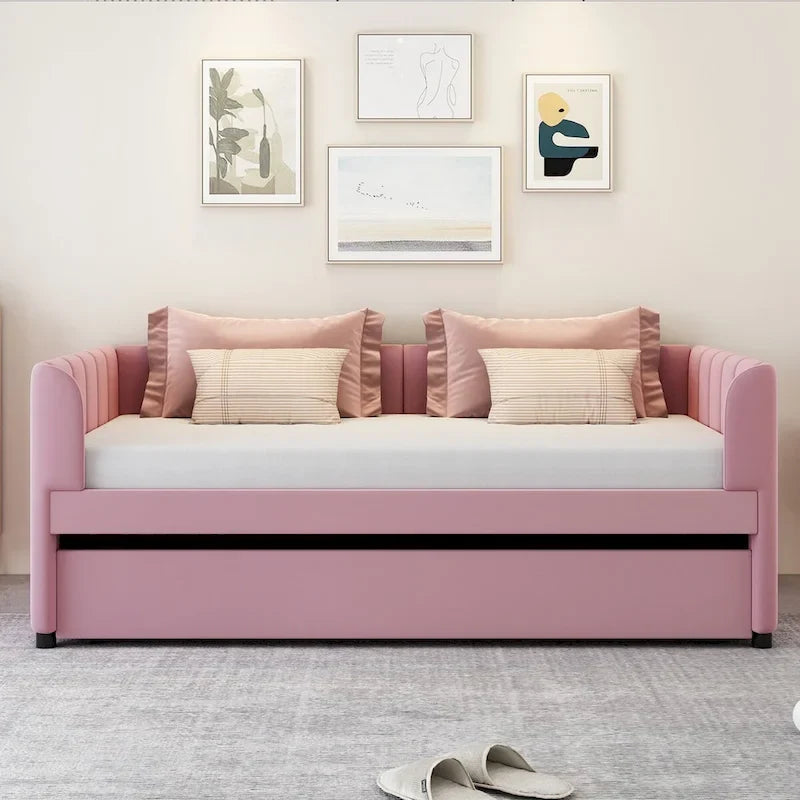 Letto Divano Imbottito per Materasso Singolo con Schienale Ergonomico e Letto Estraibile