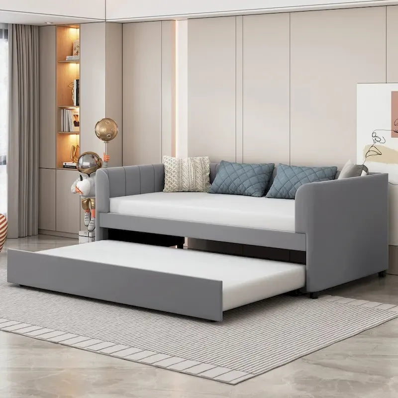 Letto Divano Imbottito per Materasso Singolo con Schienale Ergonomico e Letto Estraibile