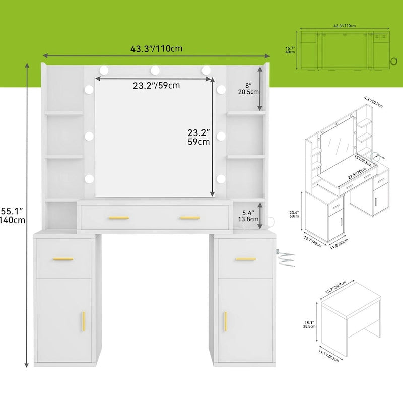 Toeletta Moasis con prese integrate e specchio illuminato - 140 A X 110 L X 40 P