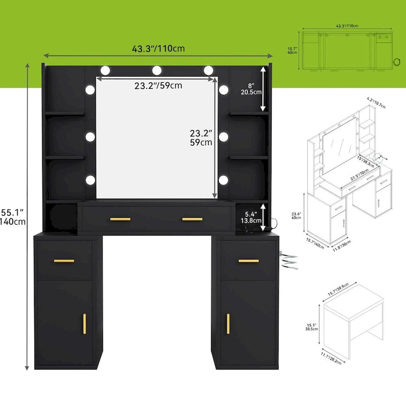 Toeletta Moasis con prese integrate e specchio illuminato - 140 A X 110 L X 40 P