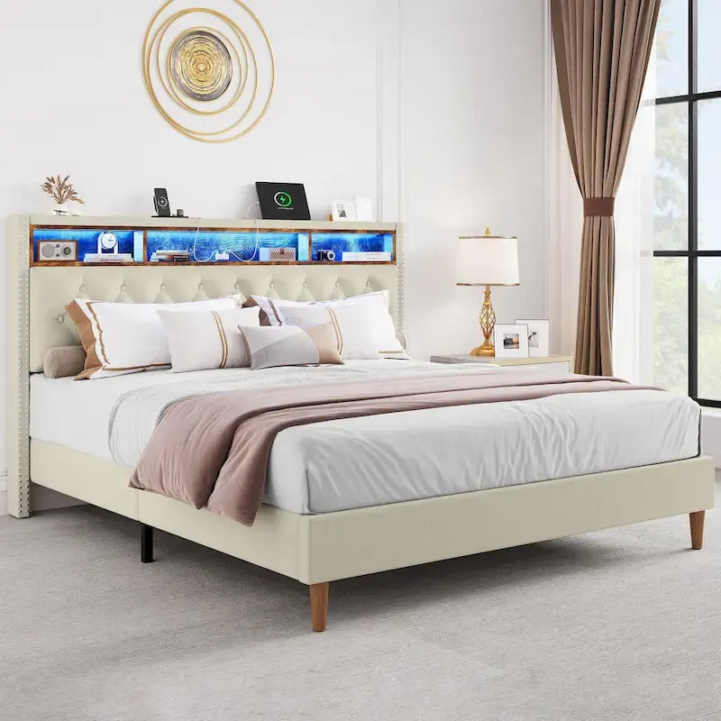 Moasis King Letto Imbottito con Testiera e Luci LED