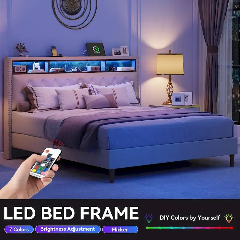 Moasis King Letto Imbottito con Testiera e Luci LED