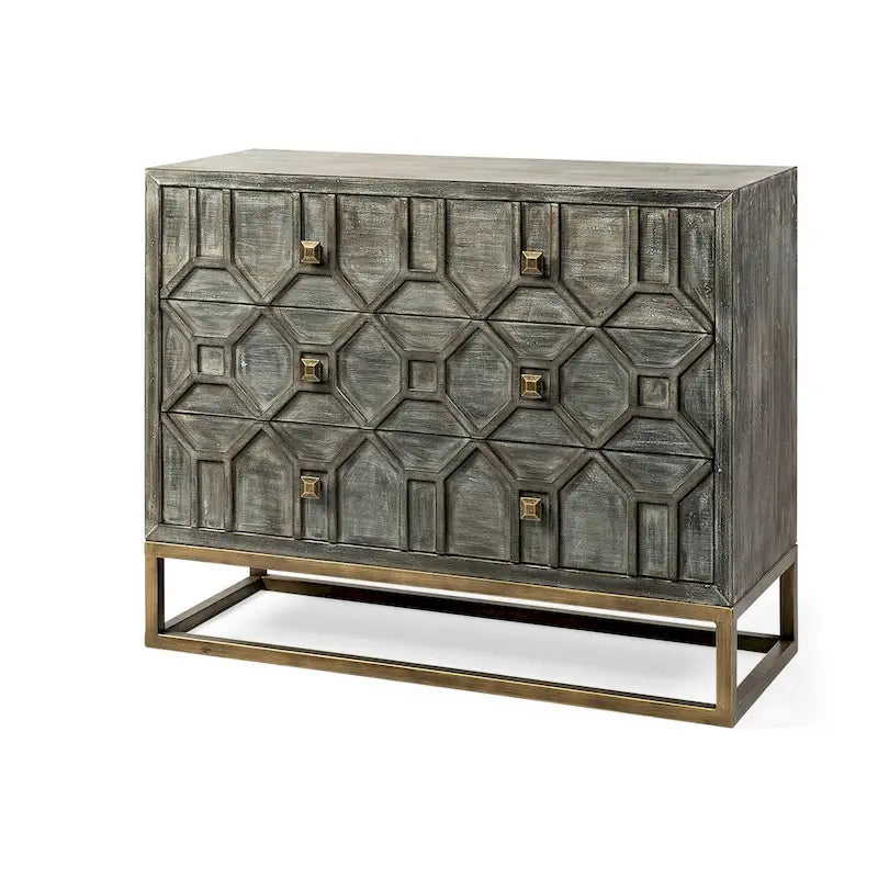 Credenza Genevieve I con impiallacciatura in abete grigio, struttura in ferro e 3 cassetti - 39.0L x 15.7W x 30.9H