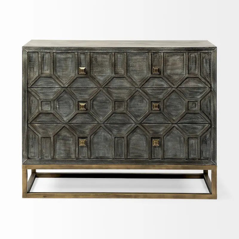 Credenza Genevieve I con impiallacciatura in abete grigio, struttura in ferro e 3 cassetti - 39.0L x 15.7W x 30.9H