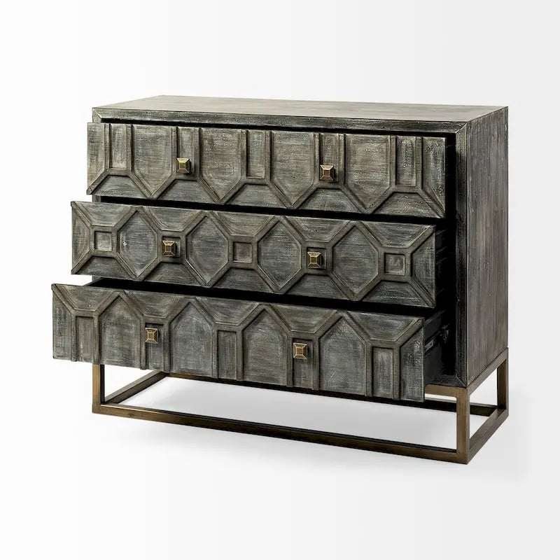 Credenza Genevieve I con impiallacciatura in abete grigio, struttura in ferro e 3 cassetti - 39.0L x 15.7W x 30.9H