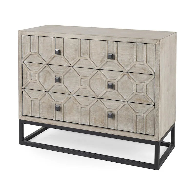Credenza Genevieve I con impiallacciatura in abete grigio, struttura in ferro e 3 cassetti - 39.0L x 15.7W x 30.9H