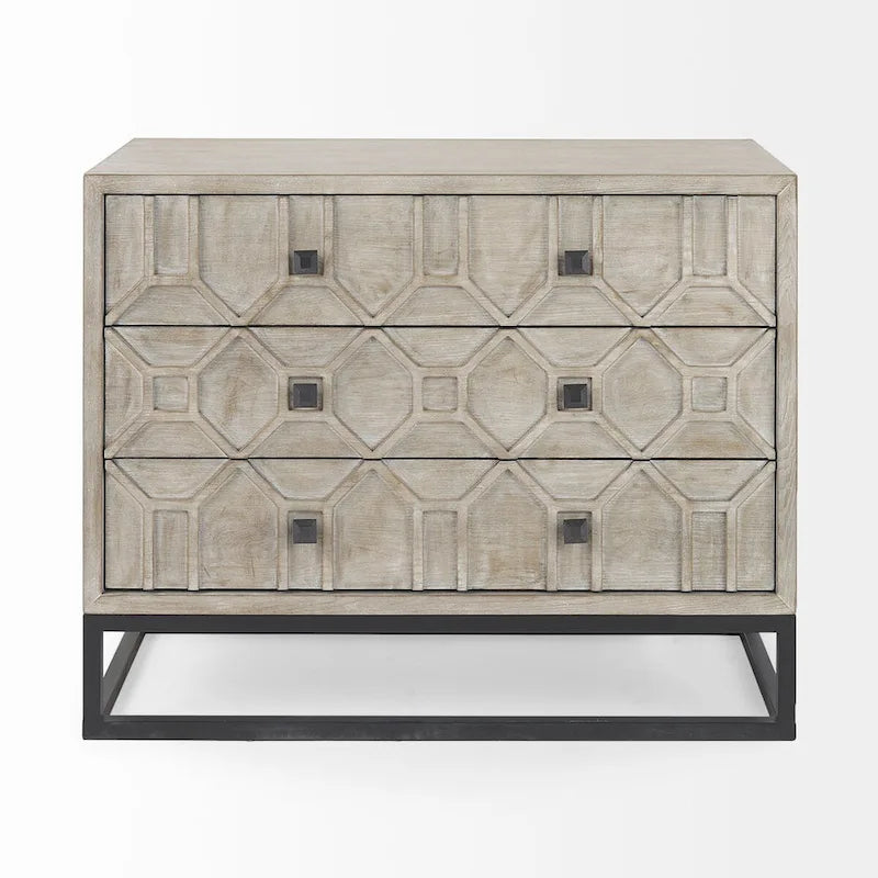 Credenza Genevieve I con impiallacciatura in abete grigio, struttura in ferro e 3 cassetti - 39.0L x 15.7W x 30.9H