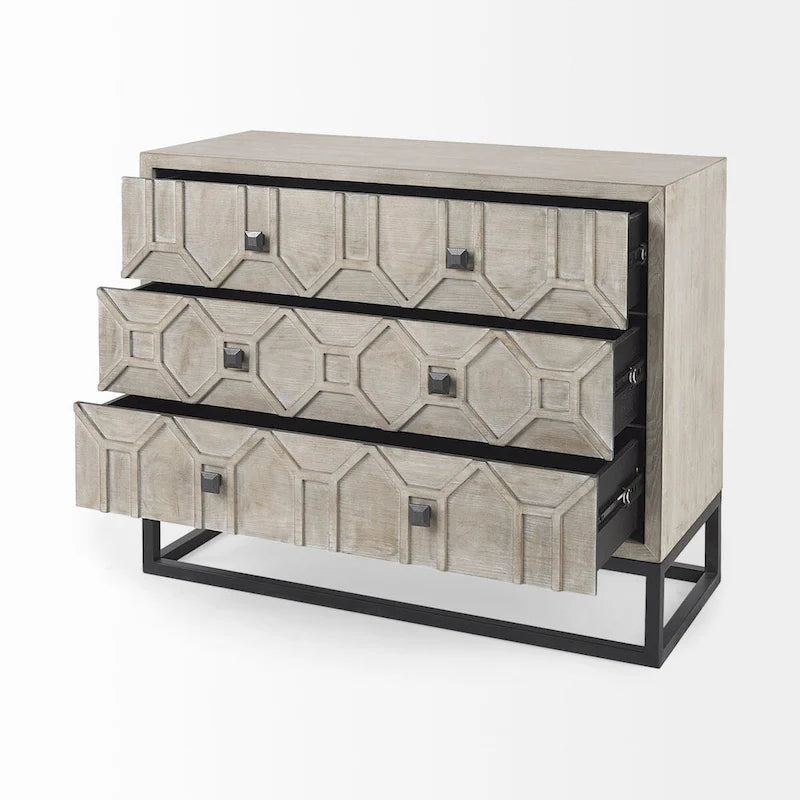 Credenza Genevieve I con impiallacciatura in abete grigio, struttura in ferro e 3 cassetti - 39.0L x 15.7W x 30.9H
