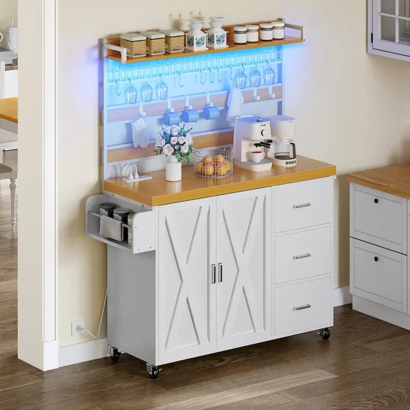 Moasis Grande Isola Cucina con Ruote, Scaffale per Forno a Microonde con Presa Elettrica, Luce LED e Scaffale Alto