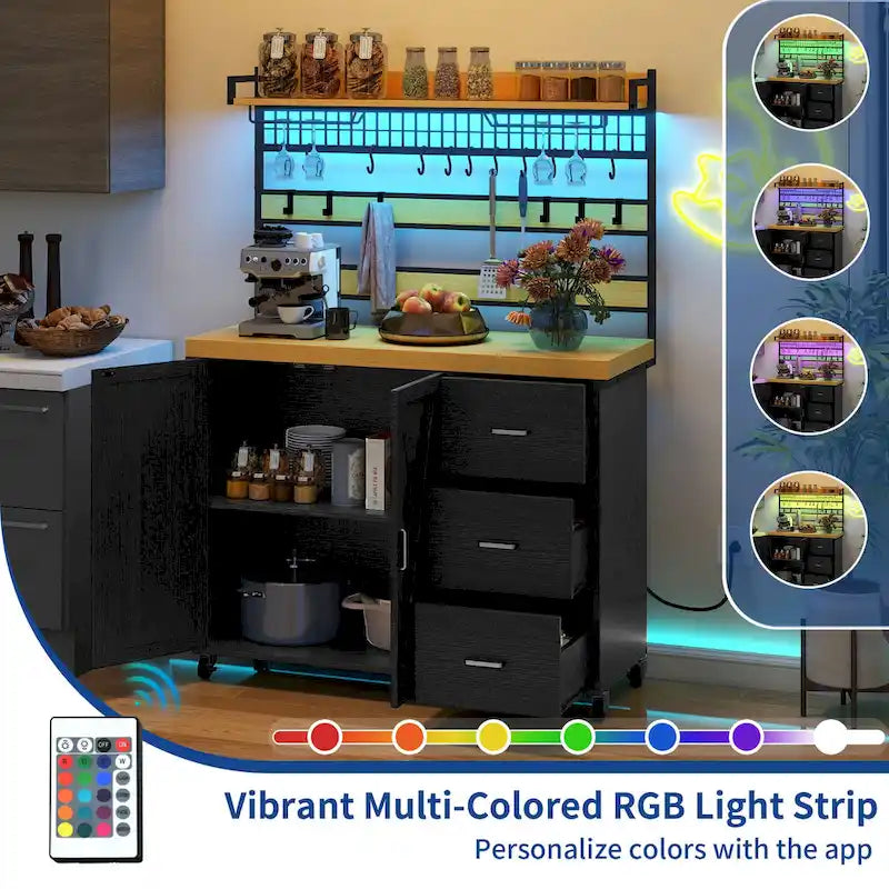 Moasis Grande Isola Cucina con Ruote, Scaffale per Forno a Microonde con Presa Elettrica, Luce LED e Scaffale Alto