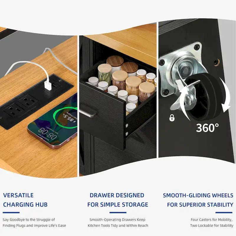 Moasis Grande Isola Cucina con Ruote, Scaffale per Forno a Microonde con Presa Elettrica, Luce LED e Scaffale Alto
