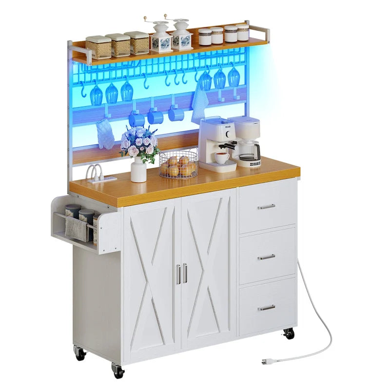 Moasis Grande Isola Cucina con Ruote, Scaffale per Forno a Microonde con Presa Elettrica, Luce LED e Scaffale Alto