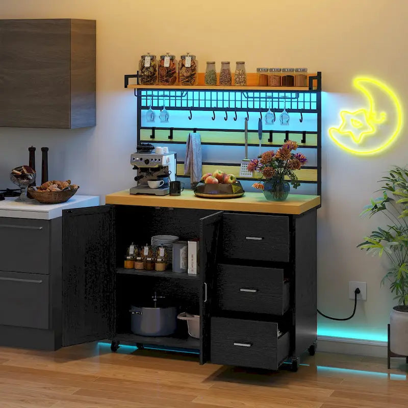 Moasis Grande Isola Cucina con Ruote, Scaffale per Forno a Microonde con Presa Elettrica, Luce LED e Scaffale Alto
