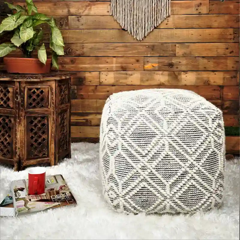 Pouf poggiapiedi Loominaire fatto a mano in lana Addo e fibra naturale di cotone, per salotto, camera da letto e soggiorno (40x40x40 cm)