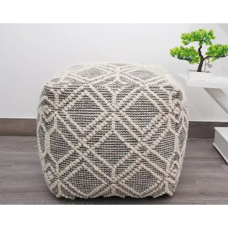 Pouf poggiapiedi Loominaire fatto a mano in lana Addo e fibra naturale di cotone, per salotto, camera da letto e soggiorno (40x40x40 cm)